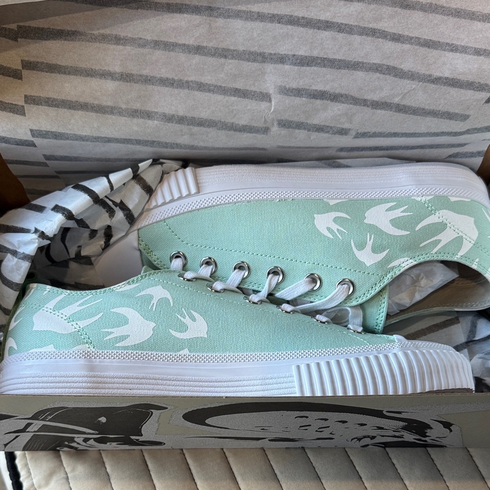 McQueen Mint Green Canvas Sneakers with Bird Design